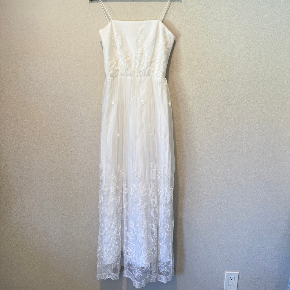 White Floral Embroidered Sasoon 1980 Dress Spaghetti Strap Bridal Gown